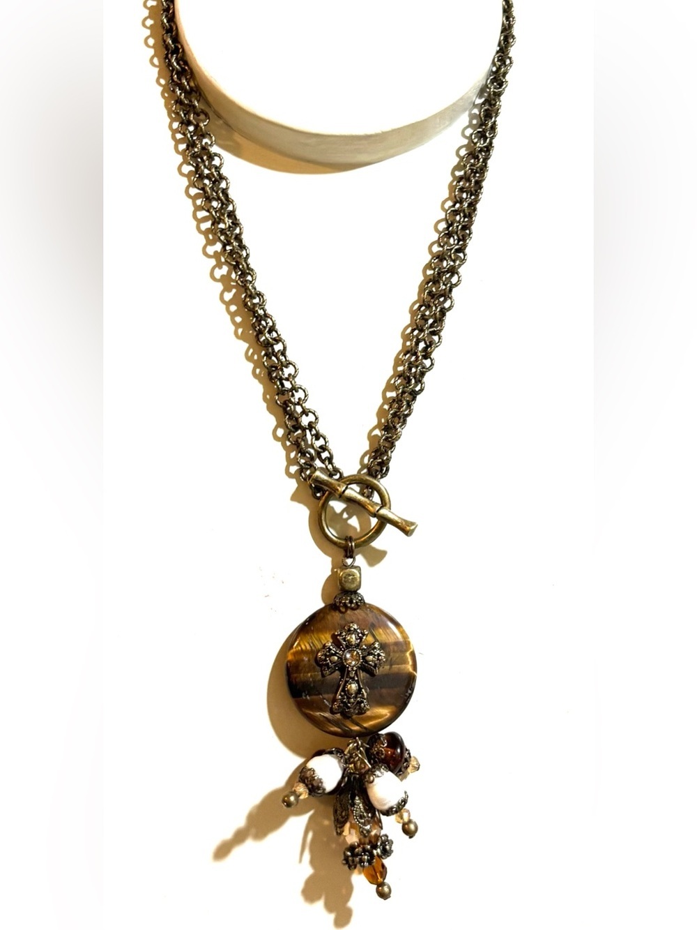 Brown Tiger Eye Cross Pendant Necklace with Chain and Toggle Clasp